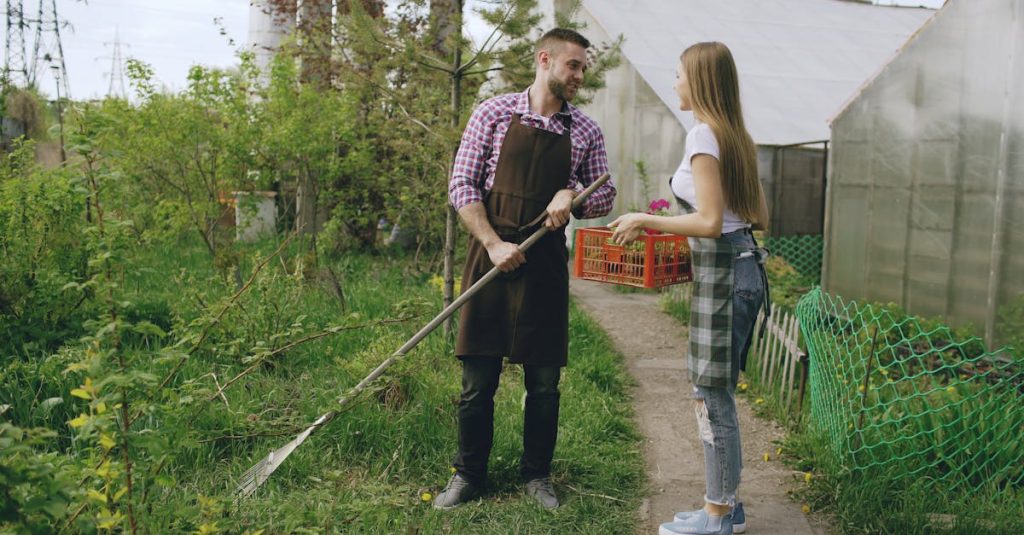 Two young farmers working together in garden near greenhouse, holding tools and a crate.